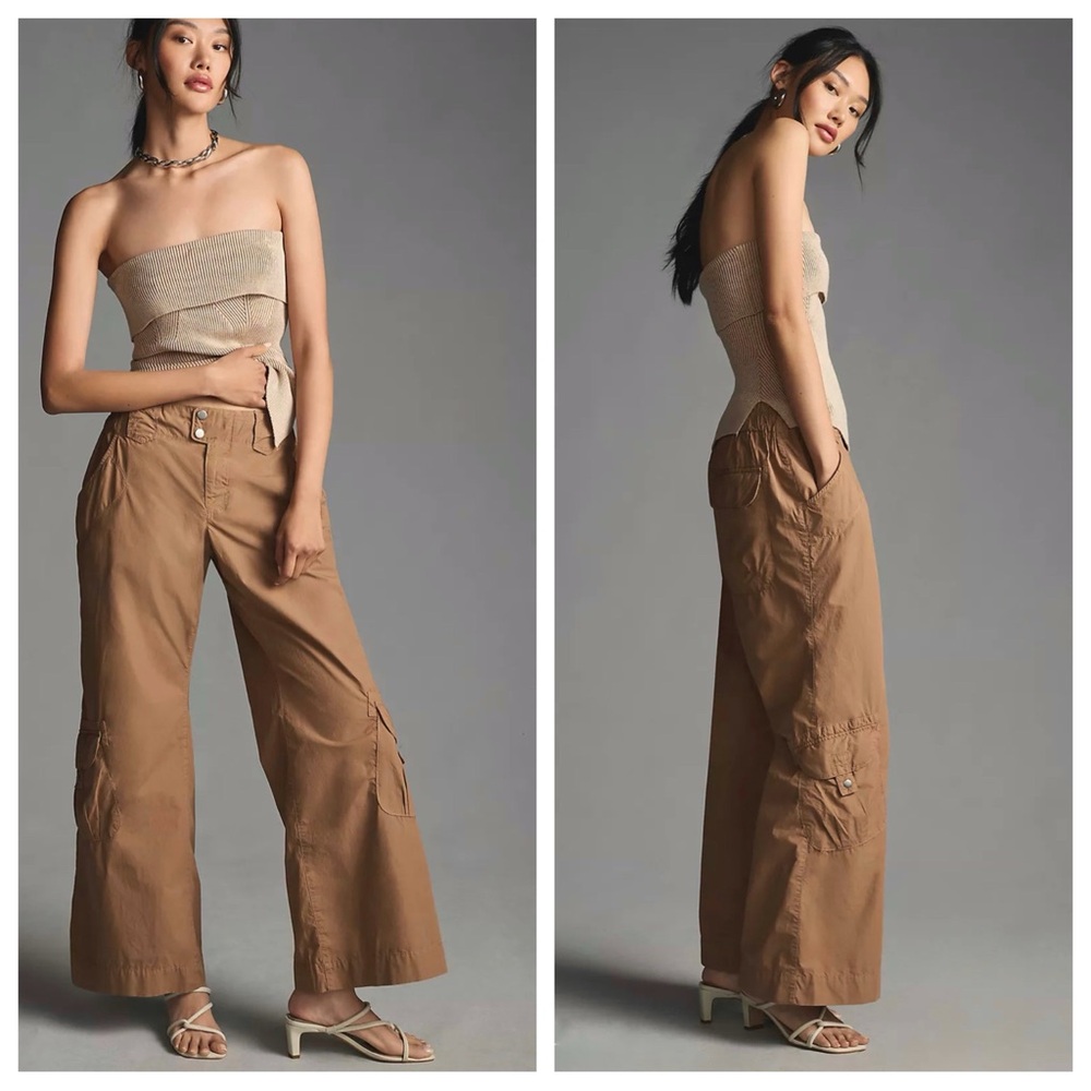 NWT Anthropologie Pilcro low rise relaxed cargo flare pants tan cotton sz 33